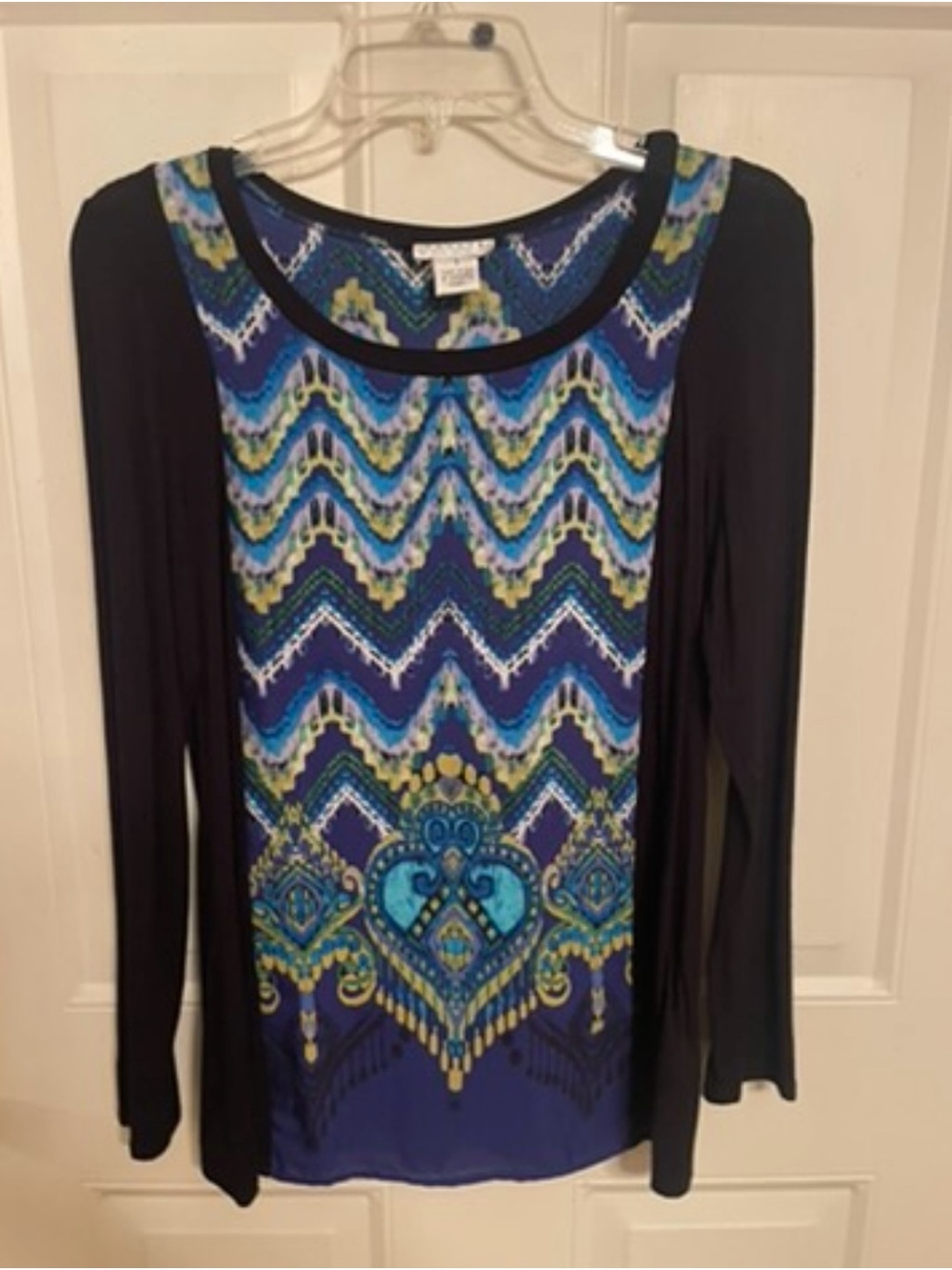 Allison Taylor Black Long-Sleeve Top with Blue Patterned Front new shirt